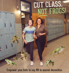 Alicia Silverstone and Bear in their PETA Ad about cutting out classroom dissection