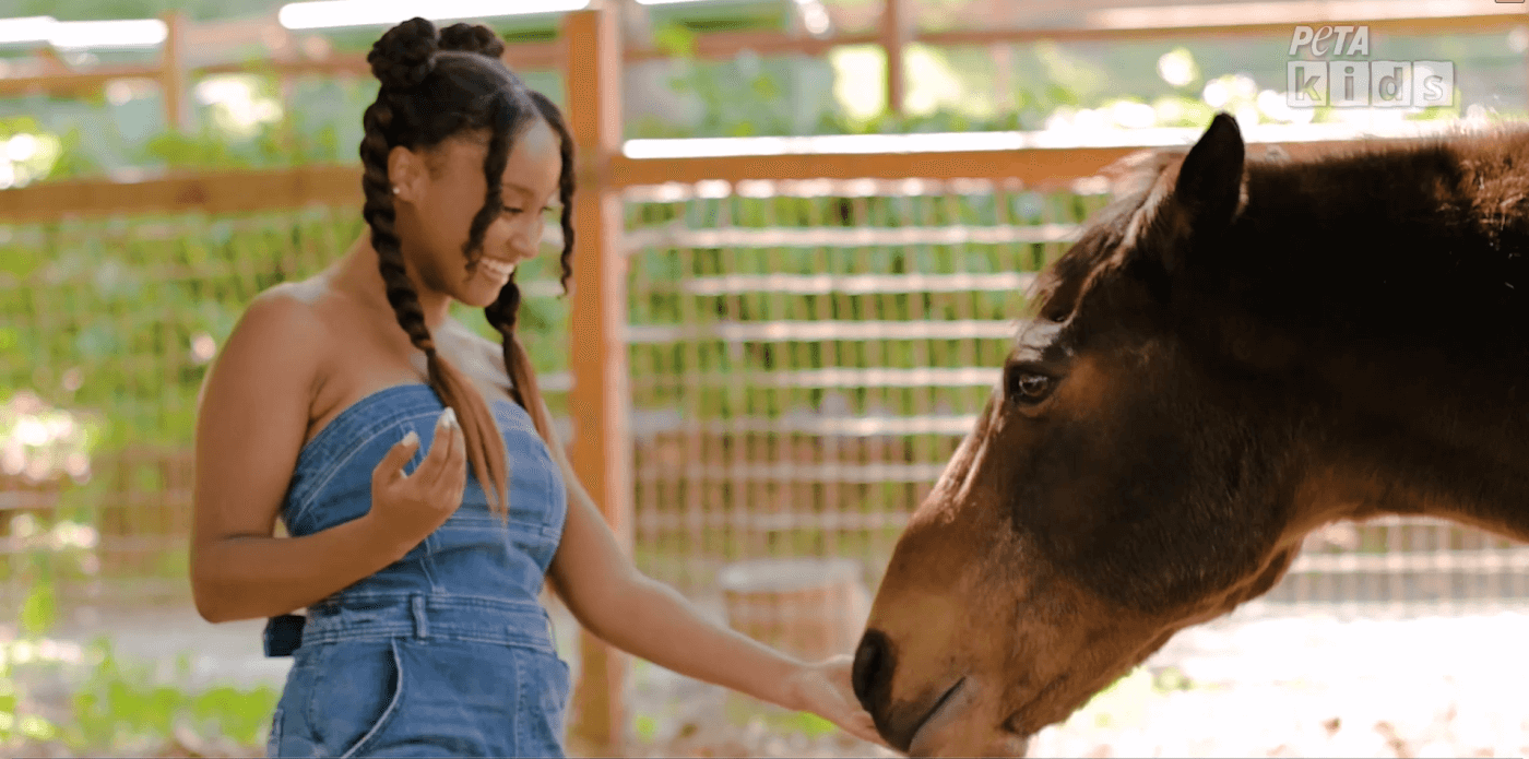 Actor Dana Heath spending time with a brown horse at an animal sanctuary