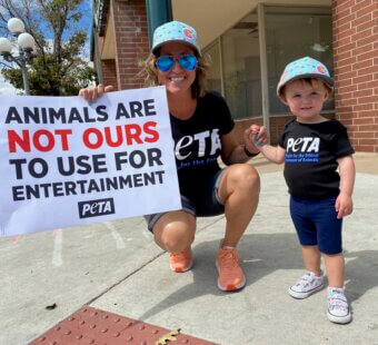 child and her mom on the sidewalk at a PETA protest holding signs that say "Animals are not ours to use for entertainment"