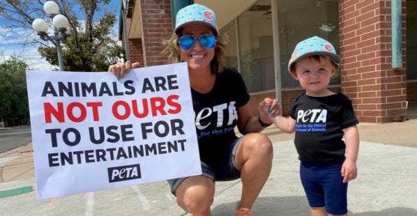 child and her mom on the sidewalk at a PETA protest holding signs that say "Animals are not ours to use for entertainment"