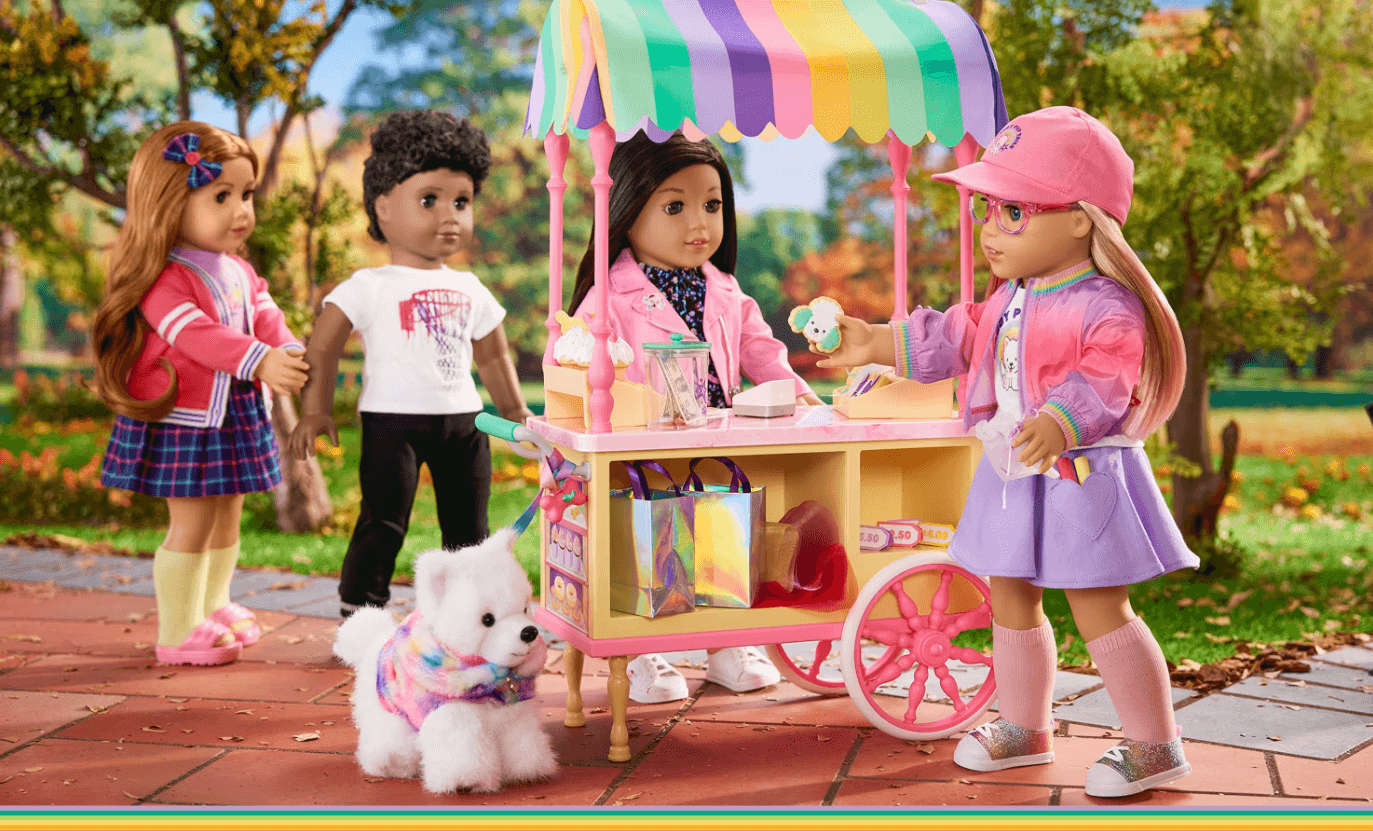 American Girl Doll, Summer out with her friends and her dog in the park. 