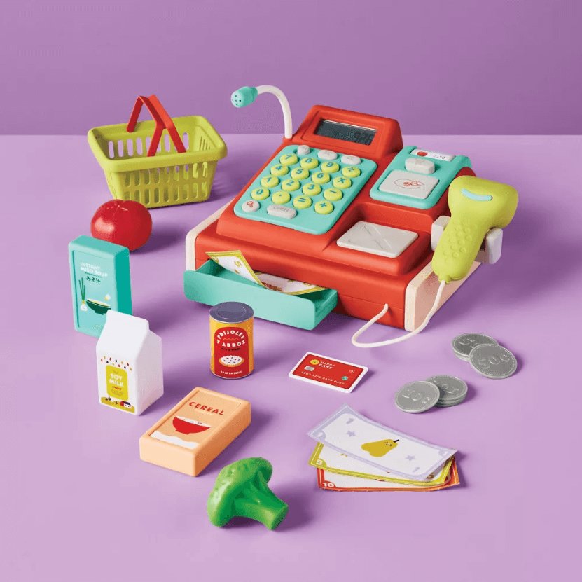 cash register playset with food and money