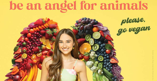 Kensington Tallman in her PETA Kids ad encouraging others to be an angel for animals to go vegan.