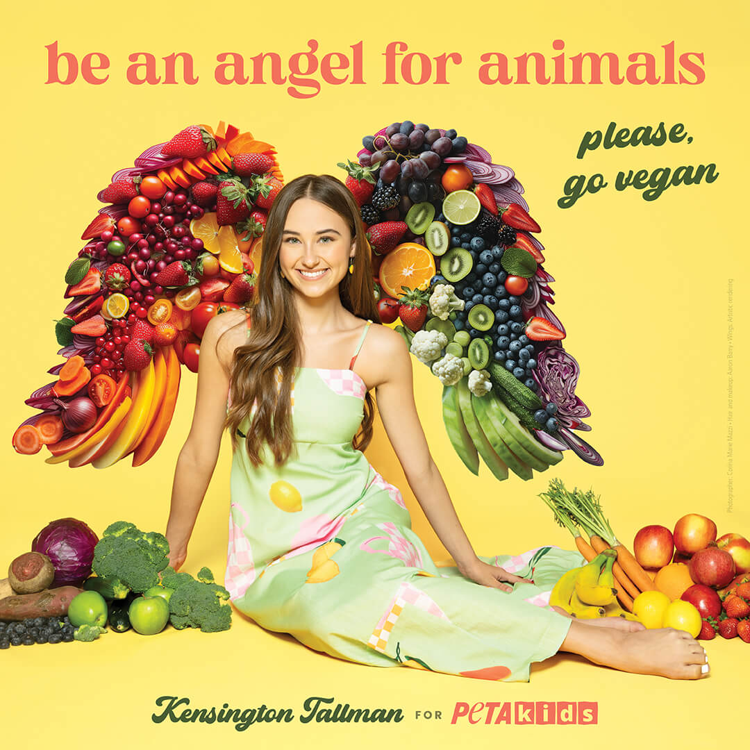 Kensington Tallman in her PETA Kids ad encouraging others to be an angel for animals to go vegan.